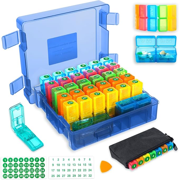 Monthly Pill Organizer 2 Times a Day, Portable AM PM Pill Box with Weekly Travel Bag, Large Capacity Medicine Organizer with Labels, 30 Day Pill Case & Pill Cutter for Medication Management (Blue)