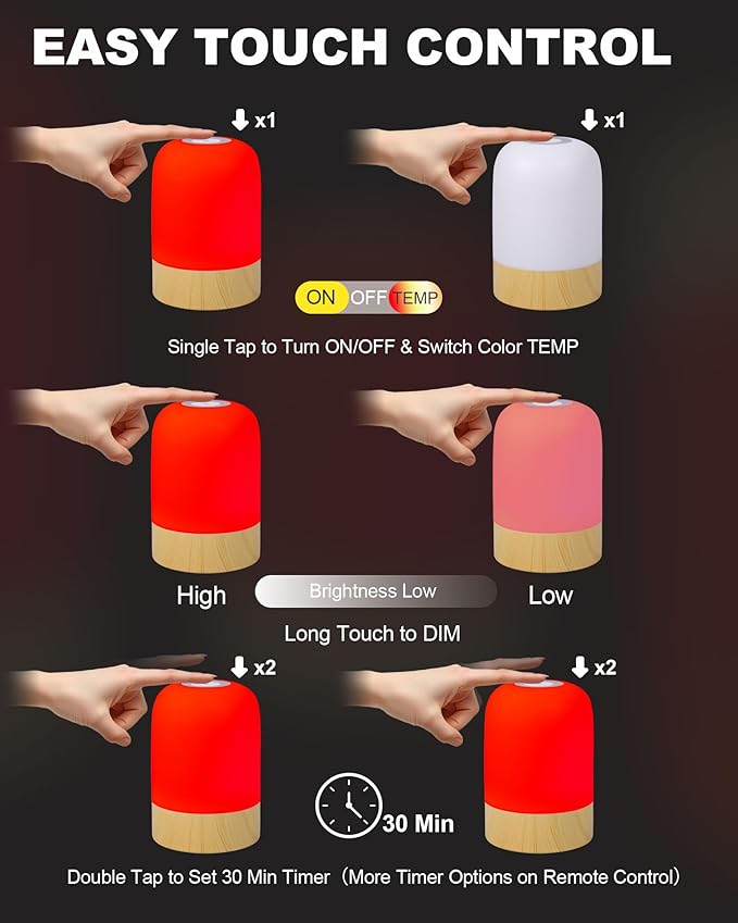 Aoife 670nm Red Light Sleep Lamp Night Light for Bedside Sleep with 4 Color Modes Red Warm White Natural Cool White 10 Brightness Levels Touch & Remote Control Timer for Bedroom or Hanging Use