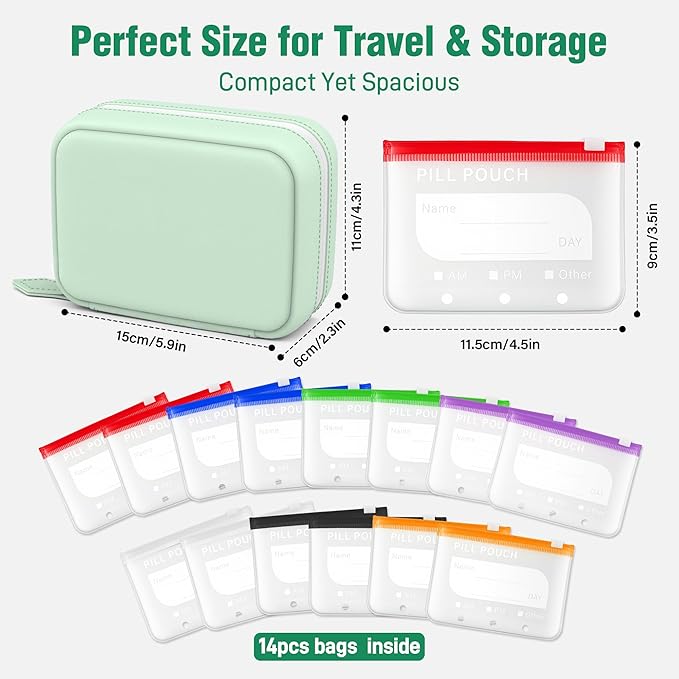 A8 Waterproof Pill Pouch Set, Large Weekly Pill Organizer with 14 Color-Coded Medicine Pouches, Reusable Travel Medicine Organizer, Zippered Pill Storage for Fish Oils, Vitamins（Green）