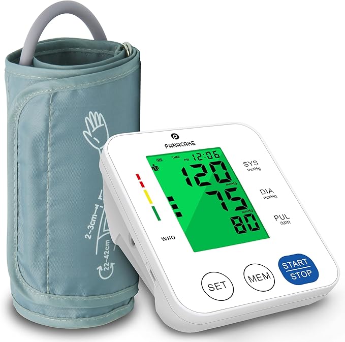 P PANACARE Upper Arm Blood Pressure Monitor for Home Use, Adjustable Cuff (8.7–16.5 inches), Large Backlit Display, White
