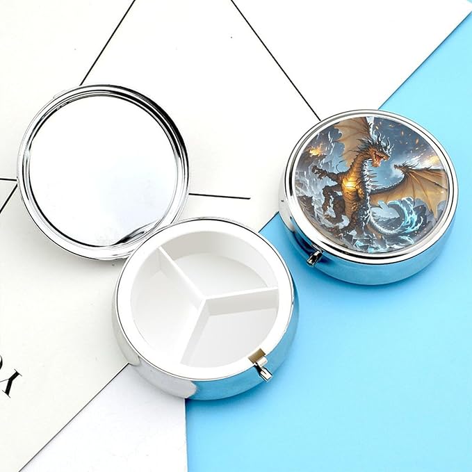 Fire and Ice Dragons Pill Box Travel Pill Case for Purse Pocket Weekly Medicine Organizer with Mirror 3 Compartment Round Medicine Case Portable PillcaseHolder for Daily