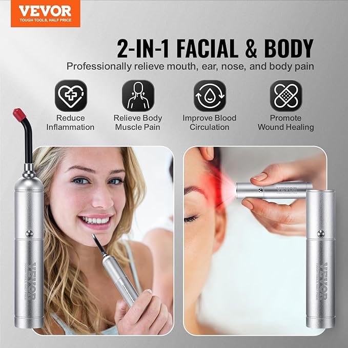 VEVOR Red Light Therapy Device with Removable Tip, 2 in 1 Facial & Body Light Therapy Wand for Joint Mouth Nose Ear, Handheld Red Lights Healing Therapy Torch & 5 Wavelength, Pulse Mode
