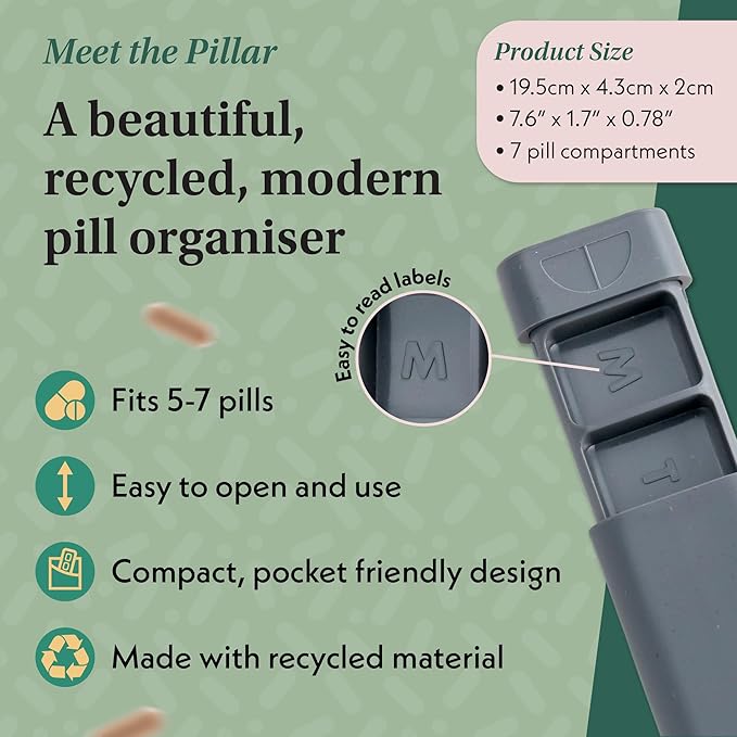 Pillar - 7-Day Pill Organizer | Weekly Medicine Pill Container Travel Box - Aesthetic Medication Holder - Stylish Travel Pill Case - Cute Small Medication Organizer 7 Day for Women (Slate Grey)