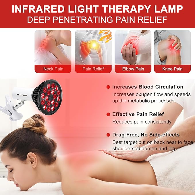 Red Light Therapy Bulb with Adjustable Socket Clamp, 18 LEDs red Therapy Light with Lamp Holder for Body and Face with 660nm Red and 850nm Infrared Light Therapy Device for Skin Care Pain Relief