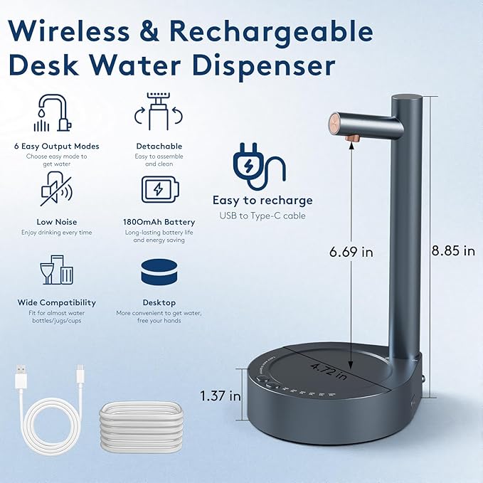 Water Dispenser for 5 Gallon Bottle – Desktop Electric Water Pump with USB-C Fast Charging, Portable 5 Gallon Water Jug Dispenser for Home, Office, Bedside & Countertop(Navy Blue)