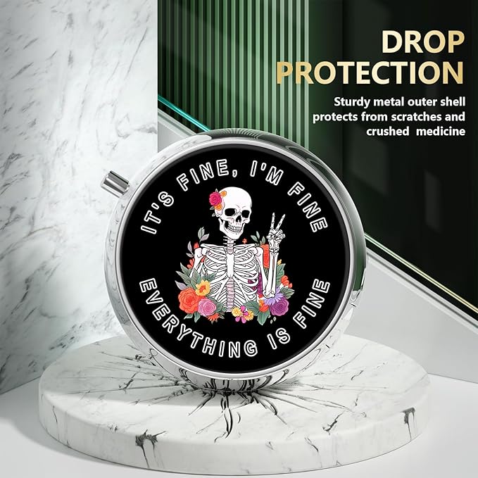 Nipichsha Pill Box, Small Pill Case for Purse & Pocket, Cute Travel Medicine Organizer, Portable Medicine Container Holder to Hold Vitamins, Medication, Fish Oil & Supplement, Flower Skull