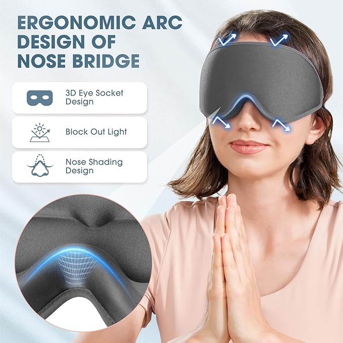 Sleep Mask | 99% Fully Block Out Light Eye Sleep Mask | Long Lash Extension | 3D Deep Contoured Eyes Cover Zero Pressure | Adjustable Straps | Sleep Travel Home Nap Rest Women Men (Grey)