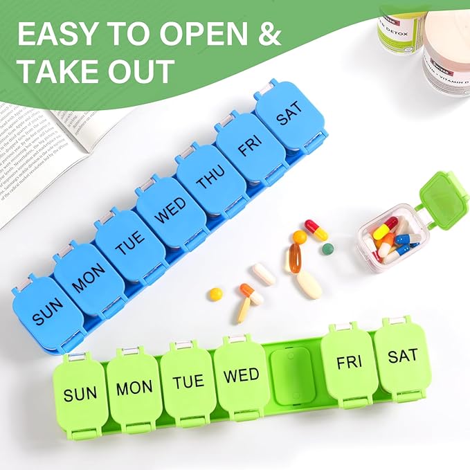 2-Pack Large Waterproof 7-Day Pill Organizer - Extra Large AM/PM Pill Boxes for Vitamins, Fish Oils & Supplements, Portable Daily Medication Dispenser