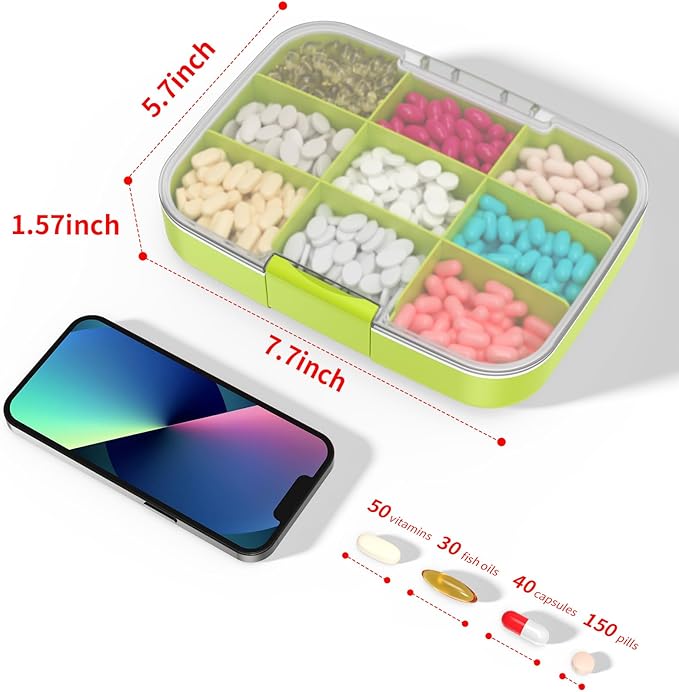 Restree Pill Organizer, Large & Waterproof Travel Pill Case, Adjustable Dividers for Daily Vitamins, Supplements, Fish Oil - Portable Medicine Box for Home & On-The-Go, 9 Compartment (Green)