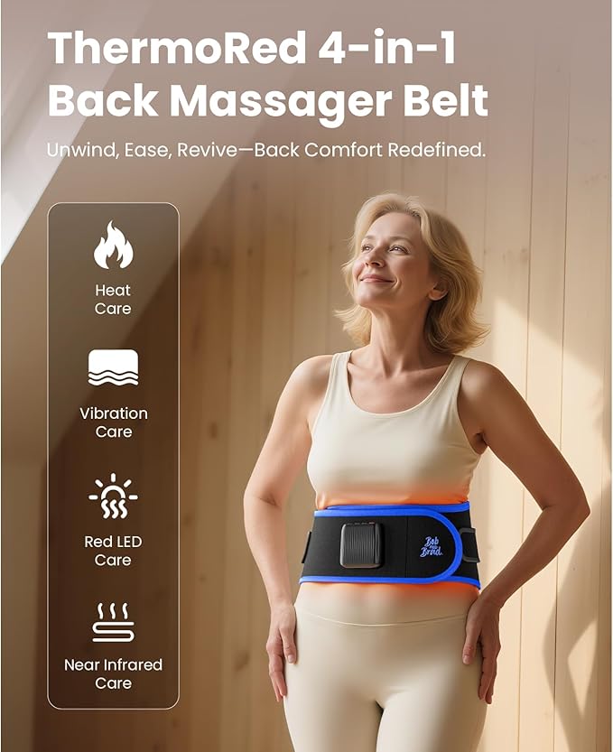 BOB AND BRAD ThermoRed Heating Pad Belt Massager for Lower Back Support, FSA Cordless Wearable Near Infrared Heat & Red Light Lumbar Back Wrap with Adjustable Vibration HSA Eligible, Gift for Family