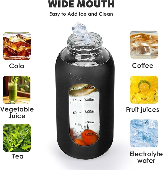 40oz Glass Water Bottle with Handle Lid Time Marker Motivational Sport Water Jug with Silicone Sleeve Water Flask Canteen Wide Mouth Water Bottle for Gym Workout Travel Office Home Everyday Hydration