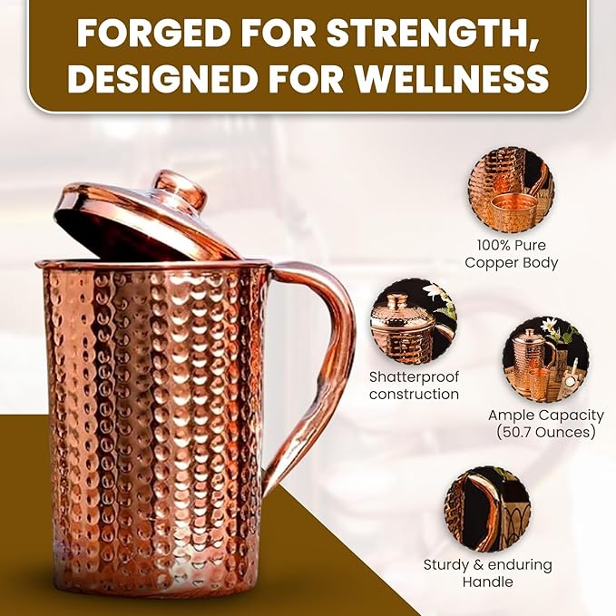 100% Pure Copper Pitcher 50.72 Oz / 1500 ml | Drinking Water Traditional Hammered Pitcher With Lid | Copper Jug Handle Water Bottle | Ayurveda Health Benefits | Serving Water in Daily Use