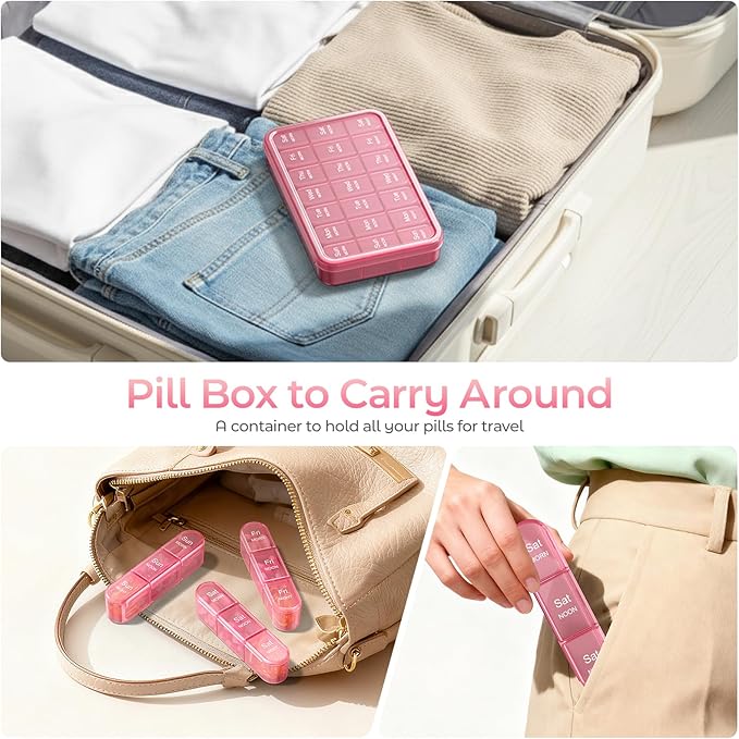 Daviky Pill Organizer 3X a Day, Weekly Pill Box 7 Day, Travel Pill Case with Large Containers, 3 Times Medcine Organizer for Vitamins, Medication, Supplements and Fish Oils (Pink)