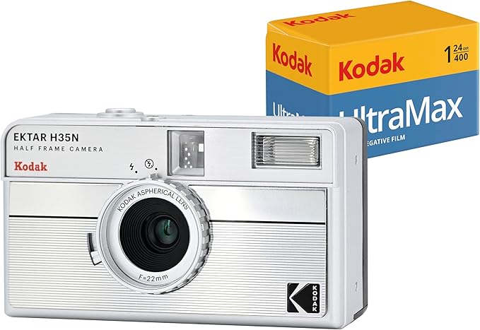 Kodak EKTAR H35N Half Frame Film Camera Bundle with Kodak Ultramax 400/24EXP 35mm Roll Film (Striped Silver, Bundle)