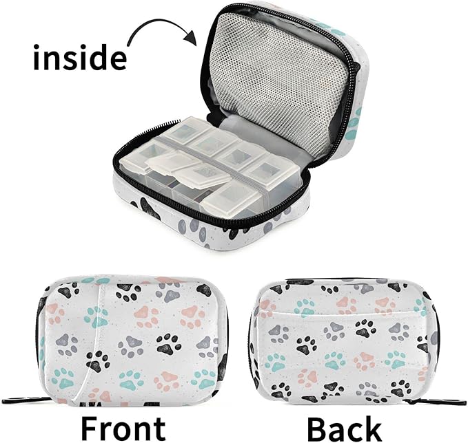 Dog Paw Pill Box 7 Day Pill Case Travel Pill Organizer Bag with Zipper Portable Weekly Vitamin Medicine Supplement Holder Pouch Bag