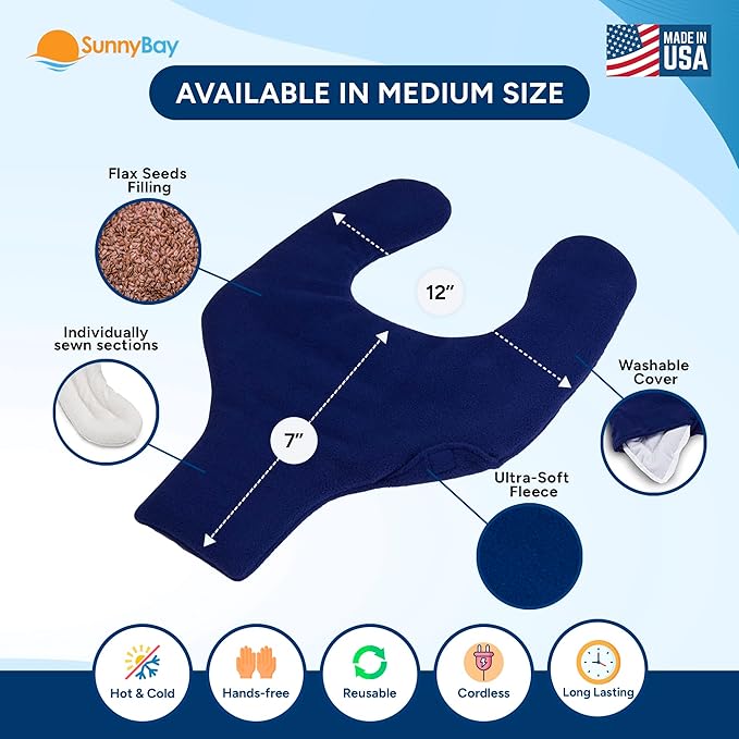 SunnyBay Shoulder and Upper Back Heating Pad, Microwavable Heated Neck and Shoulder Wrap, Weighted Moist Pain Relief Pack with Washable Cover and Flax Seed Filling, Medium, Navy Blue