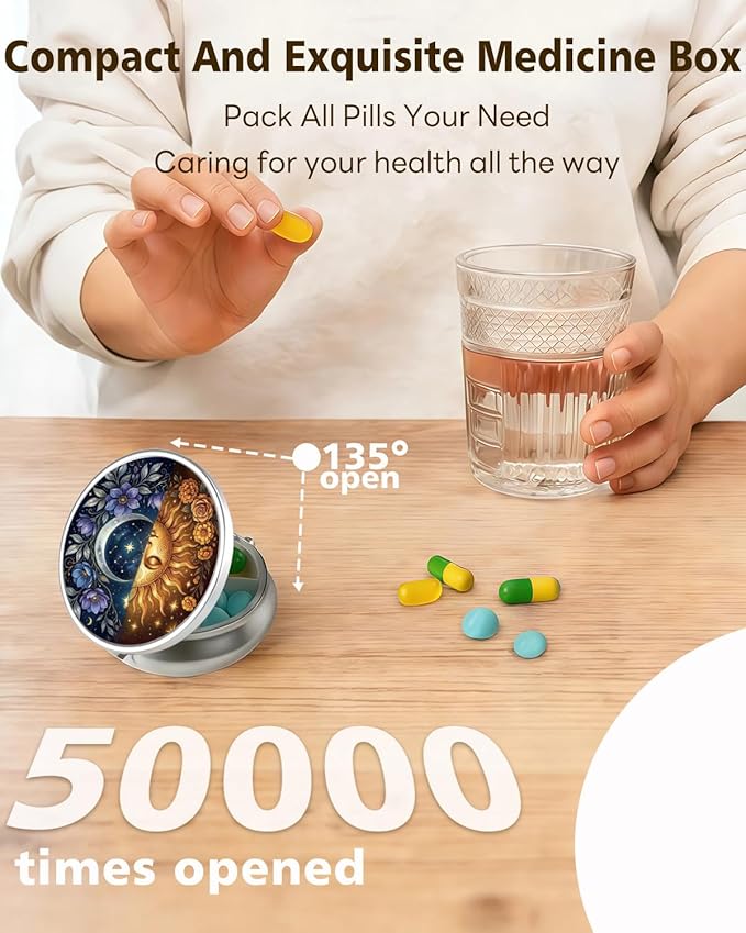 LRITER Pill Case, Portable Travel Pill Box, Pillbox Organizer, Cute Small Medicine Storage Container, Purse Accessories for Women, Men (Sun and Moon)