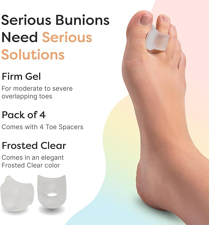 ZenToes Firm Gel Toe Separators for Overlapping Toes, Bunions, Big Toe Alignment, Corrector and Spacer, Strong Support - 4 Pack (Firm Frosted Clear)