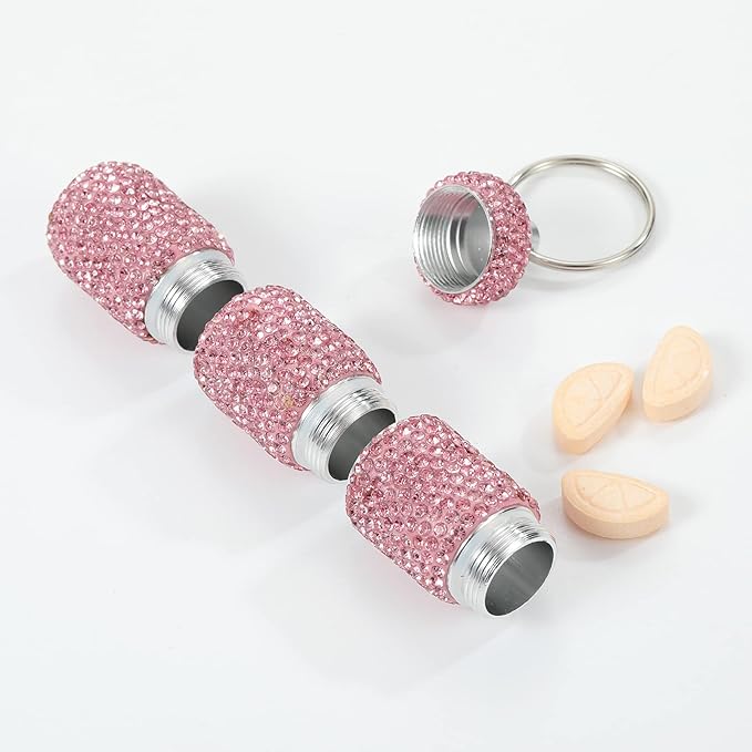 Bling Pill Case Portable Travel Pill Container Bottle Rhinestone Waterproof Small Pill Holder with Keychain Cute Mini Pill Storage Box for Outdoor Camping (Pink)