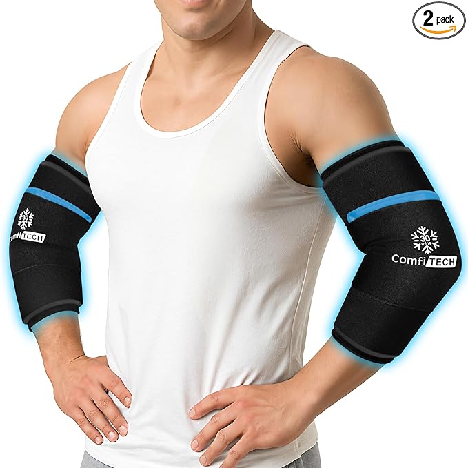 ComfiTECH Dual-Gel Elbow Ice Pack Wrap with Extended 30-Minute Cooling, Detachable Ice Pack & Flexible Reusable Gel Ice Sleeve for Tennis Elbow, Golfer Arm, Muscle Relaxation, Large, 2 Packs