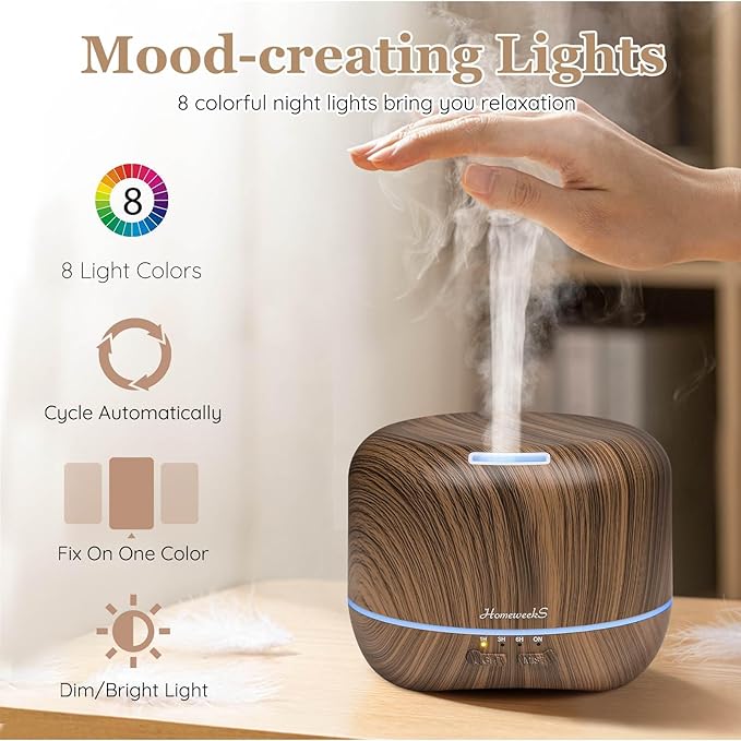 Aromatherapy Essential Oil Diffuser for Room: Air Humidifier Aroma Scent Cool Mist Diffuser Colorful Lights Wood Cute Small Large Waterless Auto Off Ultrasonic Diffusers for Home Bedroom (300ml)