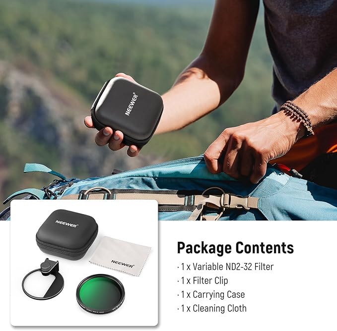 NEEWER Clip On Phone Filter Kit, 67mm Multicoated Variable ND Filter ND2-32 with Cold Shoe Cell Phone Clamp, Carrying Case & Cleaning Cloth Accessories Compatible with iPhone Samsung Android, FL-82