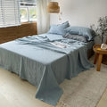 Simple&Opulence Washed Linen Bed Sheet Set Basic Style 4 Pieces (1 Flat Sheet & 1 Fitted Sheet & 2 Pillowcases) 100% Natural French Flax Soft Breathable Farmhouse Bedding (King, Duaty Blue)