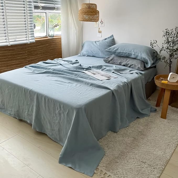 Simple&Opulence Washed Linen Bed Sheet Set Basic Style 4 Pieces (1 Flat Sheet & 1 Fitted Sheet & 2 Pillowcases) 100% Natural French Flax Soft Breathable Farmhouse Bedding (Queen, Duaty Blue)