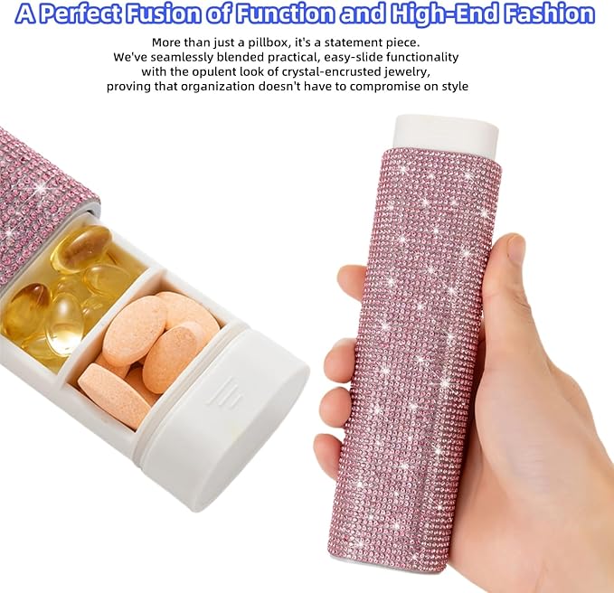Pill Case for Purse Bling 7-Day Pill Organizer Weekly Compact Medicine Containers Travel Medication Box Holder for Traveling Women(Pink)