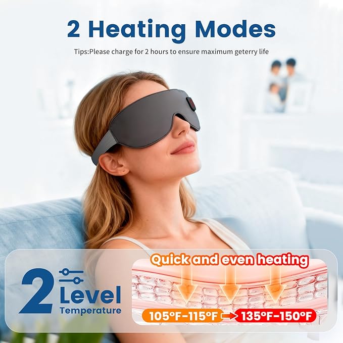 Cordless Heated Mask for Dry Eyes, Light Blocking Sleeping Mask, Warm Compresses Electric Heating Pad for Stye Treatment, Blepharitis, Sinus, Migraine - Gifts for Women and Men (Grey)