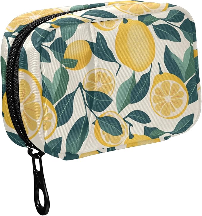 Fustylead Vintage Lemon and Leaves Decor Pill Organizer Case with Zipper 2 Times A Day for Vitamin and Supplement, 7 Day Travel Organizer Medicine Case