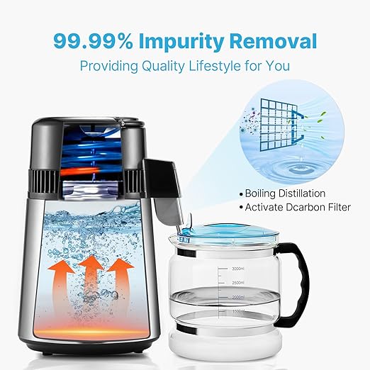 VEVOR Water Distiller, 4L/1.1 Gallon Pure Water Purifier Filter for Home Countertop, 750W Distilled Water Maker, Stainless Steel Interior Distiller Water Making Machine to Make Clean Water, Silver