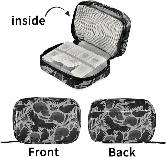 Crows Skulls Pill Box 7 Day Pill Case Travel Pill Organizer Bag Container for Medicine with Zipper Portable Weekly Case Compact Size for Medicine, Vitamin, Supplement