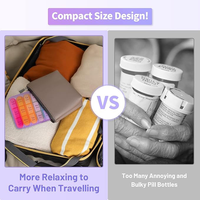 ASprink Purple and Cyan Pill Organizer 3 Times a Day, 7 Day Medicine Organizer with 12 Compartments