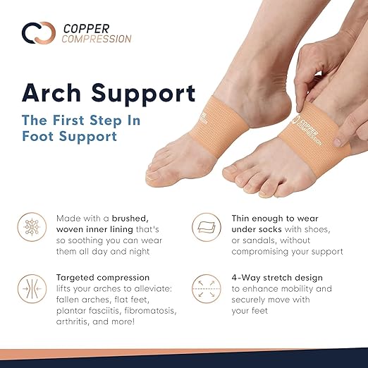 Copper Compression Arch Support Sleeves. Targeted Compression for Plantar Fasciitis Symptoms, Pain, Flat Feet & High Arches. Breathable Support for Men & Women - Nude