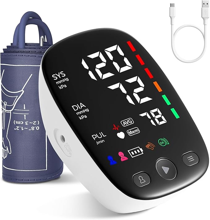 Upper Arm Blood Pressure Monitor with Wide Range Cuff that fits Standard to Large Adult Arms, Large LED Display, Irregular Heartbeat Detector, Clinically Validated, USB-C Power Cable