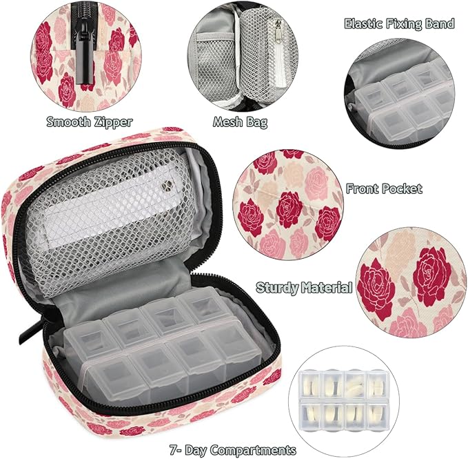 Weekly Travel Pill Organizer Case for Purse with Removable 7 Day Box Portable Compact Size Pill Box Fashionable Pill Container for Medicine Vitamin Supplement Rose Pink Flower