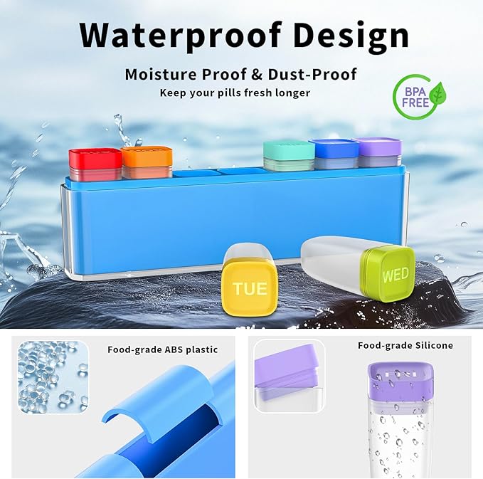 Weekly Pill Organizer 1 Time a Day, HIONXMGA Portable Detachable Travel Pill Box 7 Day, Large Once Daily Pill Holder Case, Color-Coded Dispenser for Vitamin Medicine Supplement Fish Oil, Blue