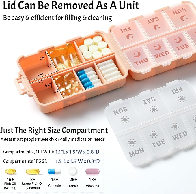 New Foldable & Double Protection Portable Weekly Pill Organizer 2 Times A Day with Etched Labels, AM PM 7 Day Week Medicine Box, Daily Travel Pill Case Holder Dispenser for Vitamin, Supplement - Pink