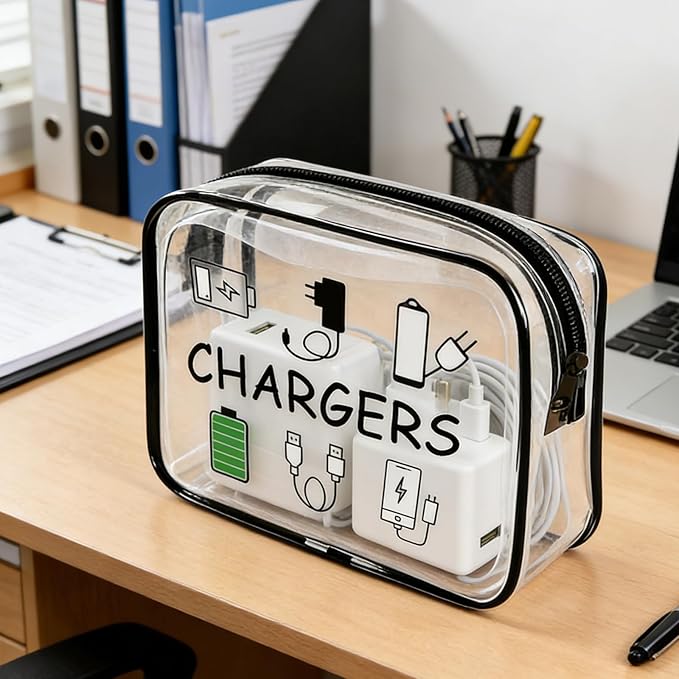 ZAHSY Clear Organizer Pouch Travel Charger Bag with Zipper Charger Cable Storage Travel Makeup Bag for Chargers Accessory Pouch Traveling Gifts for Women Organising Bags Zipper Pouches for Organizing