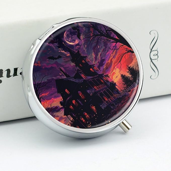 Black Haunted House Pill Box Travel Pill Case for Purse Pocket Weekly Medicine Organizer with Mirror 3 Compartment Round Medicine Case Portable PillcaseHolder for Daily