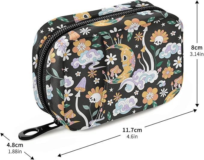 Bohemian Mushroom Moon Pill Box 7 Day Pill Case Travel Pill Organizer Bag Container for Medicine with Zipper Portable Weekly Case Compact Size for Medicine, Vitamin, Supplement