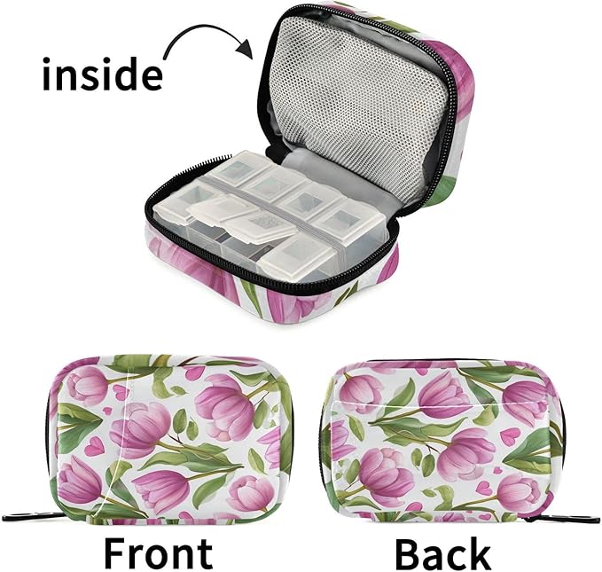 Romantic Pink Tulips and Hearts Travel Pill Organizer Case Box Container Weekly Portable Vitamin Medicine Holder Storage Bag with Zipper Removable