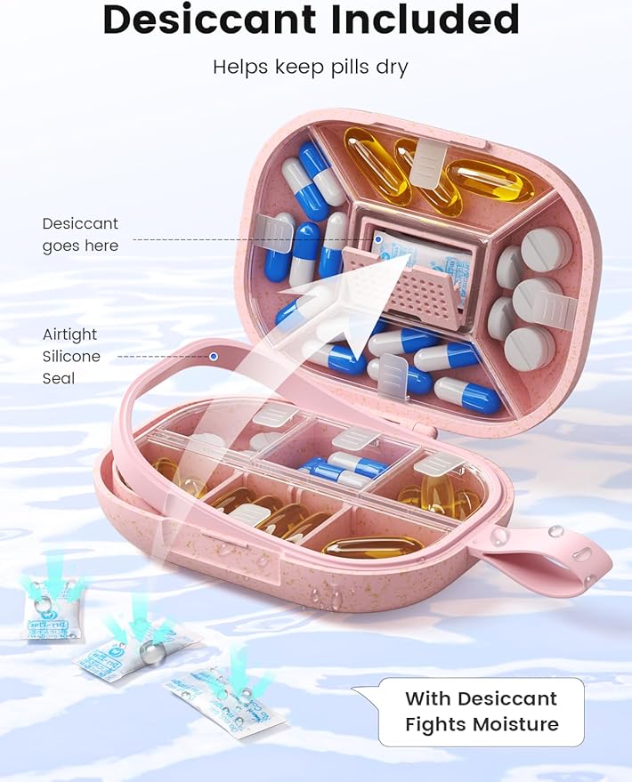 Travel Pill Organizer, Adjustable 8-10 Compartments Portable Pill Box, 7 Day Weekly Label Small Pill Case, Daily Medicine Container Kit Moisture Proof Vitamin Supplement for Pocket Purse-Pink