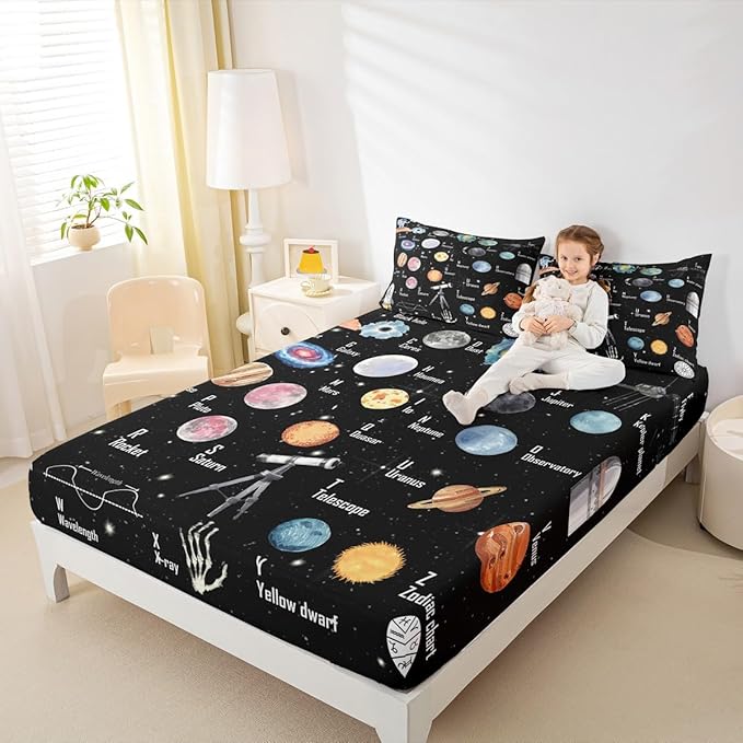 Solar System Bedding Set Full Size for Boys Girls, ABC Alphabet Bed Sheet Set Solar System Alphabet Fitted Sheet Educational Bed Cover with 2 Pillow Case (No Flat Sheet)