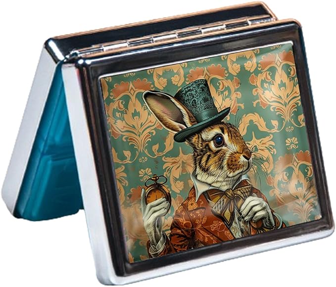 7 Day Travel Pill Organizer with Mirror Shiny Silver Chromed 8 Compartment Pill Box for Vitamins and Medications Compact and Stylish Medicine Case (Gentleman Rabbit)