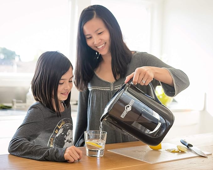 10- Cup Pitcher with 6-Stage Filter. Removes Fluoride, Chlorine, Lead, and Other Volatile Organic Compounds. Increases PH. Improves Taste. Replacement Filters Cost 25% to 33% Less.