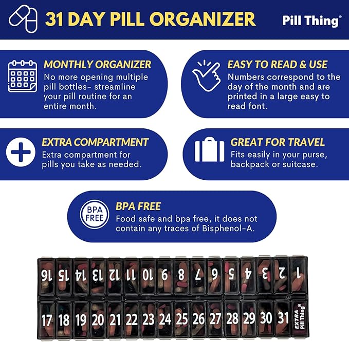 PILL THING AM PM 31 Day Once-a Day Monthly Pill Planner Organizers - Large Compartment Pill Boxes Store Medications for Entire Month Plus Compartment for Extra Pills (AM/PM) (Am/Pm Black & Blue)