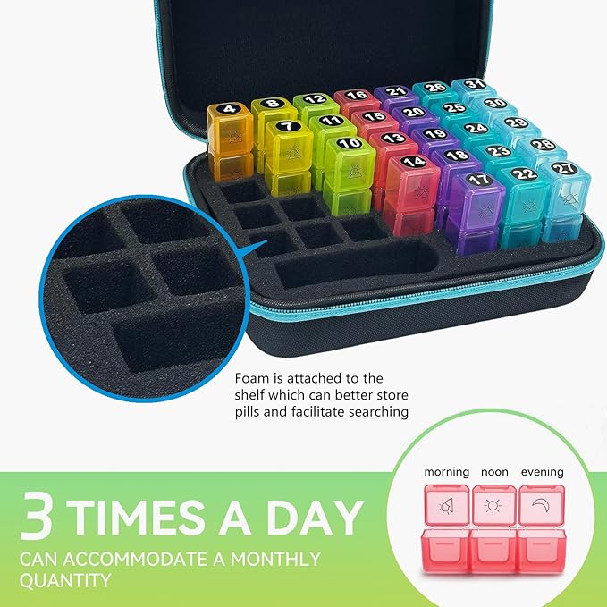 31-Day Monthly Pill Organizer with 3 Daily Compartments, Travel Medication Box with Pill Cutter, AM PM Storage Case (31 Days - Black)