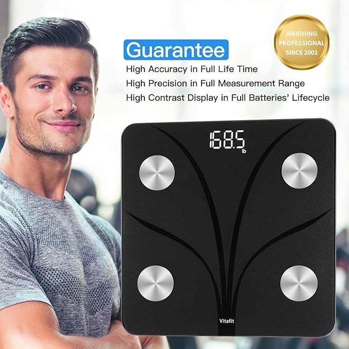 Vitafit Smart Bathroom Scale for Body Weight, Weight Scale Professional Factory Since 2001, App Sync 13 Body Composition Analyzer BMI, Body Fat and Muscle, 400lb, LED, Black